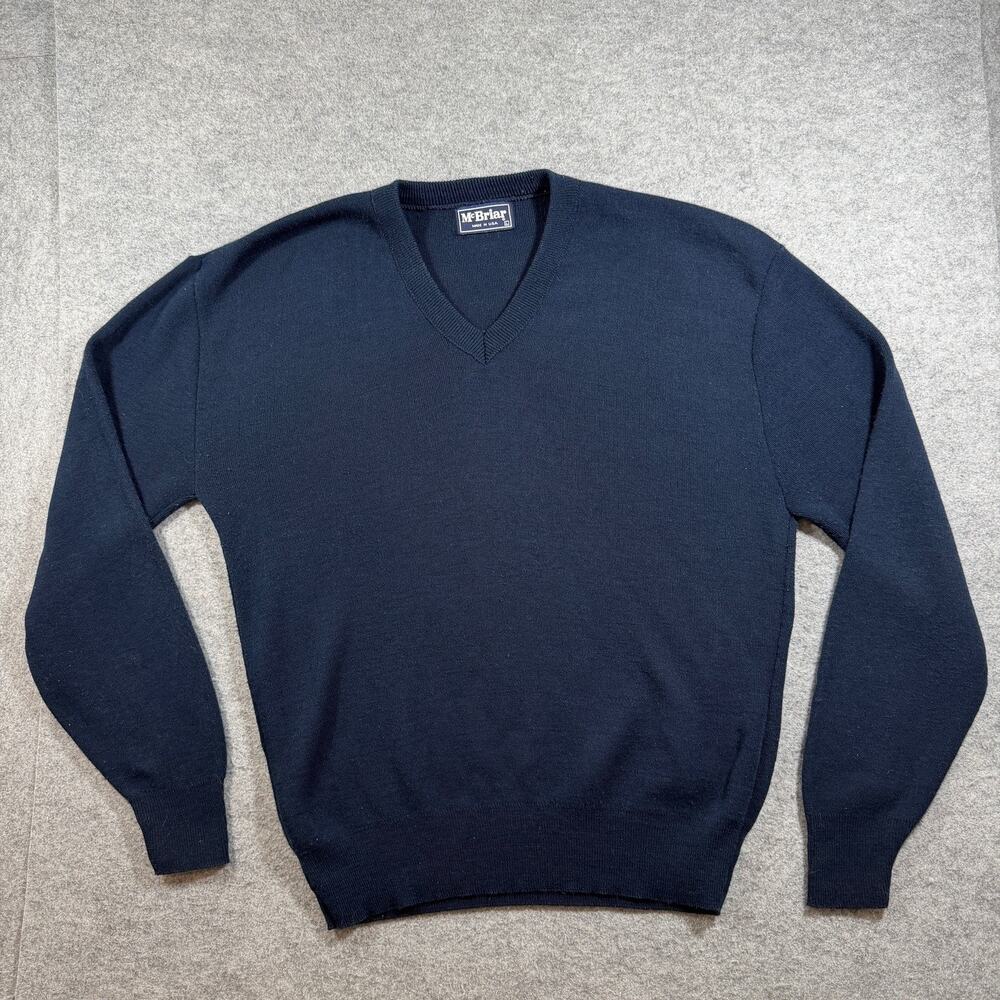 McBriar Vintage Sweater Mens L Navy V-Neck Outdoor Preppy Fall Knit USA Made